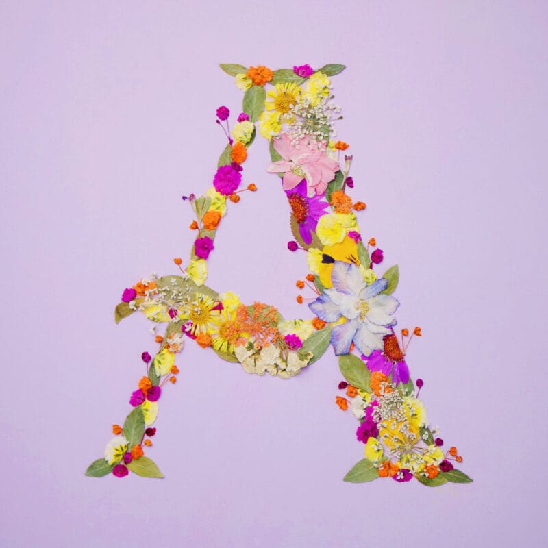 Letter A made from colorful pressed flowers in a creative DIY art style