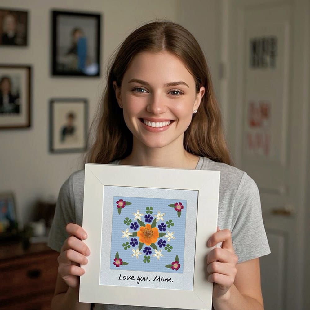 About Us 4 Smiling customer holding finished pressed flower mandala artwork with "love you, mom" message