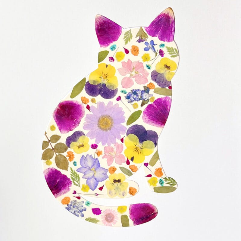 cat-shaped floral collage made with colorful pressed flowers as a playful pressed flower art idea