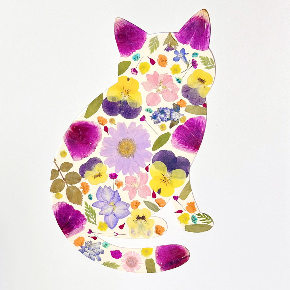 Pressed Flower Art Ideas: 5 Gentle Habits To Fall Back In Love With Creating 1 Cat-shaped floral collage made with colorful pressed flowers as a playful pressed flower art idea