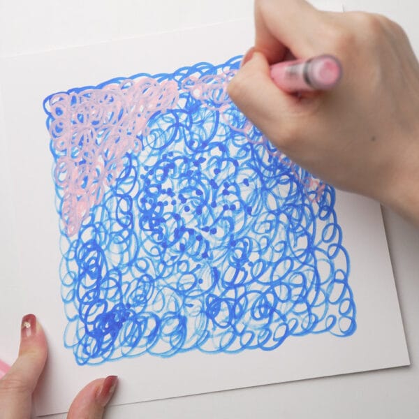 freeform emotional doodle in soft pink and blue as a warm-up for pressed flower art ideas