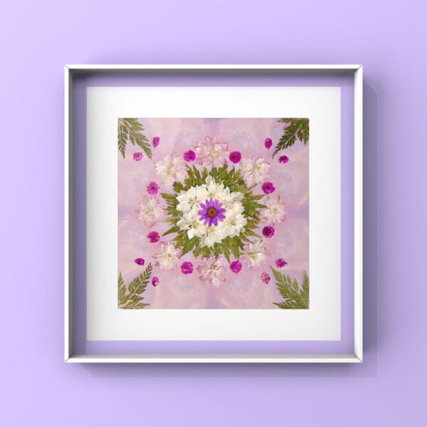 Completed pressed flower mandala artwork framed and displayed, made with natural pressed flower materials