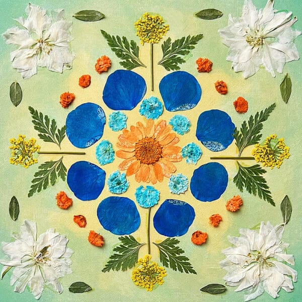 Faqs 1 A finished mandala created with our pressed flower kit – calming, natural, and handmade by petal & still
