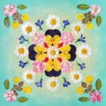 finished pressed flower mandala artwork from Serenity Light kit – bright and joyful floral composition