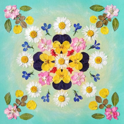 finished pressed flower mandala artwork from Serenity Light kit – bright and joyful floral composition