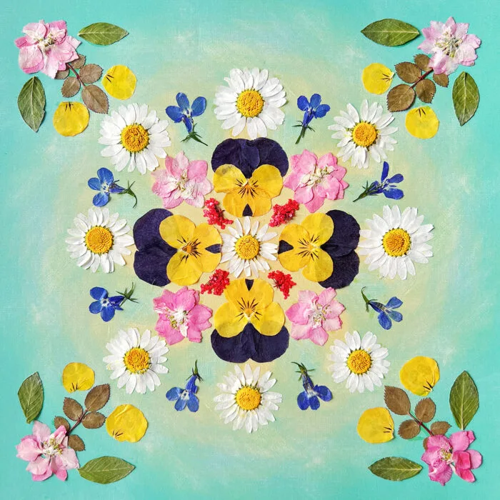 Finished pressed flower mandala artwork from serenity light kit – bright and joyful floral composition