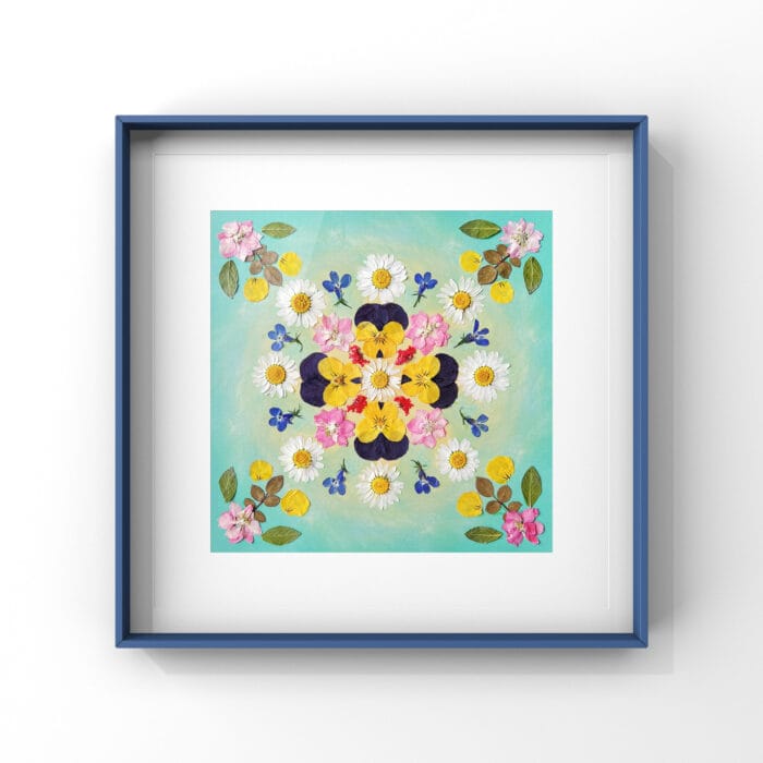 Framed pressed flower mandala from serenity light kit – calming botanical decor for your wall