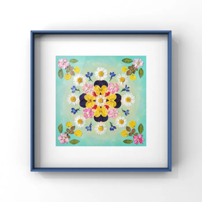 Framed pressed flower mandala from serenity light kit – calming botanical decor for your wall