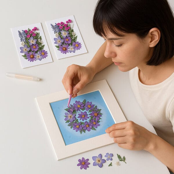 Woman starting a mandala art with pressed flowers using a beginner-friendly DIY kit