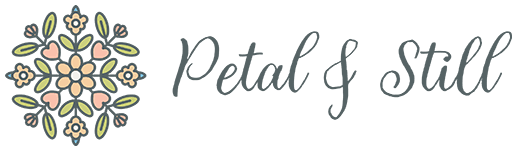 Full horizontal logo of Petal & Still, a handmade pressed flower kit brand focused on slow living and floral collage art.