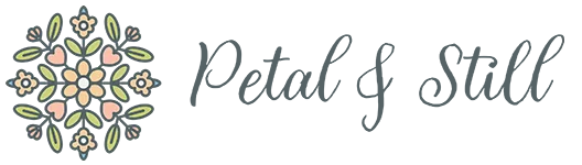 Full horizontal logo of Petal & Still, a handmade pressed flower kit brand focused on slow living and floral collage art.