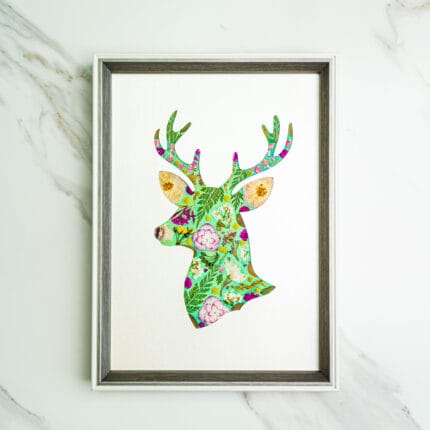 Pressed flower kit deer silhouette art with green and pink botanical design