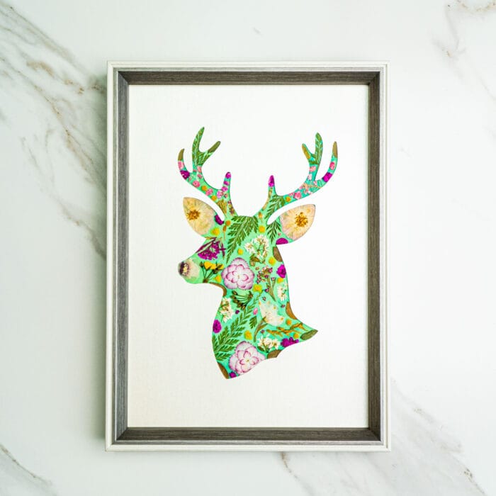 Pressed flower kit deer silhouette art with green and pink botanical design