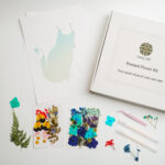 An in-progress photo of a DIY pressed flower cat artwork, showing the arrangement of pressed flowers on the template.
