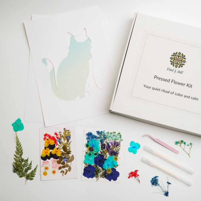 An in-progress photo of a diy pressed flower cat artwork, showing the arrangement of pressed flowers on the template.