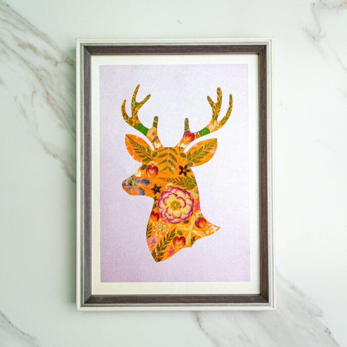 Pressed flower kit deer silhouette with orange floral design on light purple background
