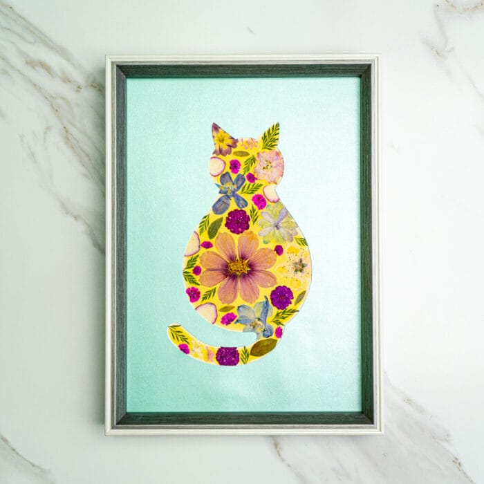 Pressed flower kit cat silhouette with pastel flowers on light mint green background