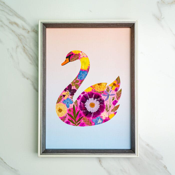 Pressed flower kit swan silhouette with floral collage on gradient pastel background
