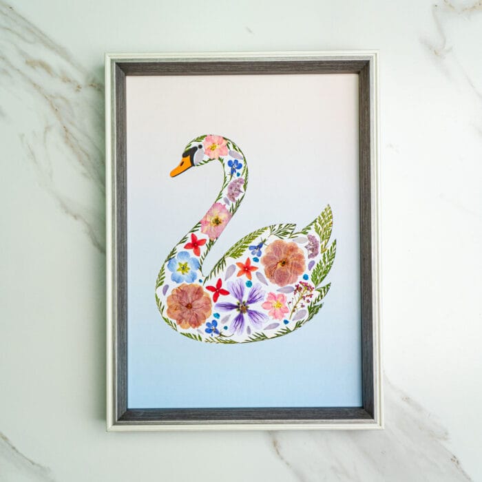 Pressed flower kit swan silhouette with delicate pressed flowers on blue gradient background