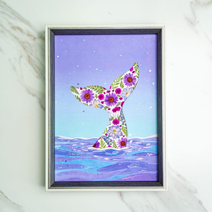 Pressed flower kit whale tail silhouette with purple ocean and floral collage