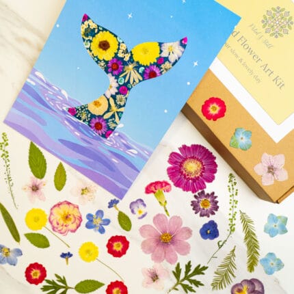 Finished whale tail silhouette art filled with pressed flowers, created using a pressed flower kit.