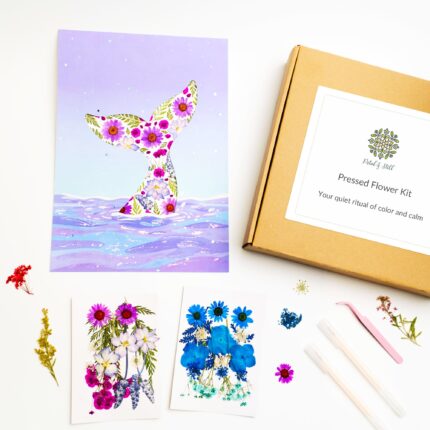 Flat lay of Petal & Still's Whale Pressed Flower Kit with dried flowers and ocean-themed template.