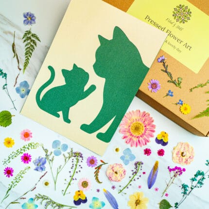 Template card of mother cat and kitten silhouette, DIY pressed flower art project with natural pressed flowers