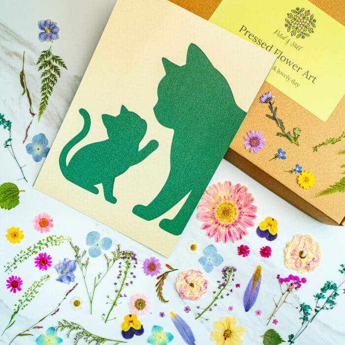 Template card of mother cat and kitten silhouette, diy pressed flower art project with natural pressed flowers