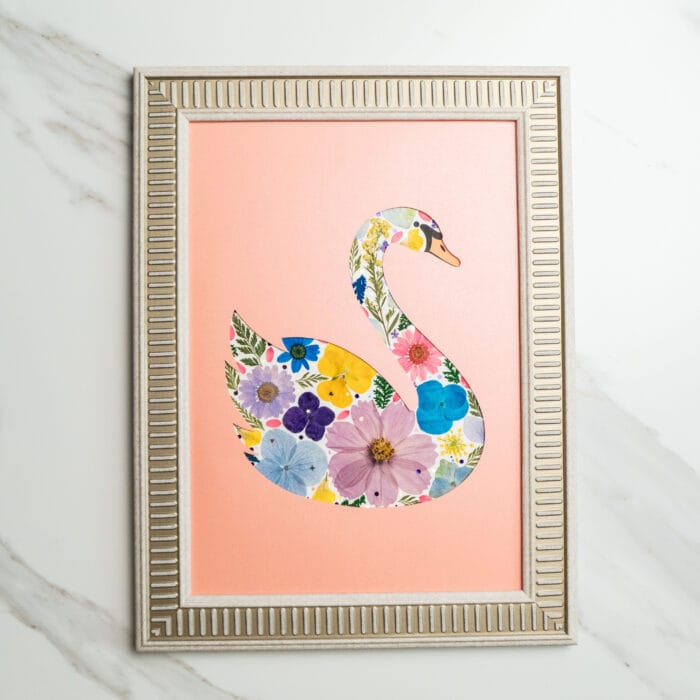 Pressed flower art of a swan silhouette with pink, yellow, and blue flowers on a peach background