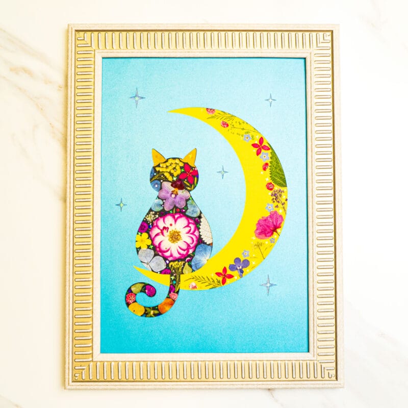 Pressed flower art of a colorful cat silhouette sitting beside a yellow crescent moon with floral details, on a blue background in a decorative frame.