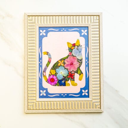 Pressed flower kit cat artwork lively finished design with framed background.