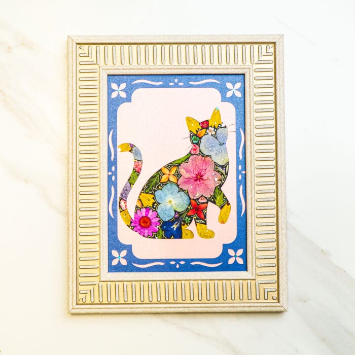 Pressed flower kit cat artwork lively finished design with framed background.