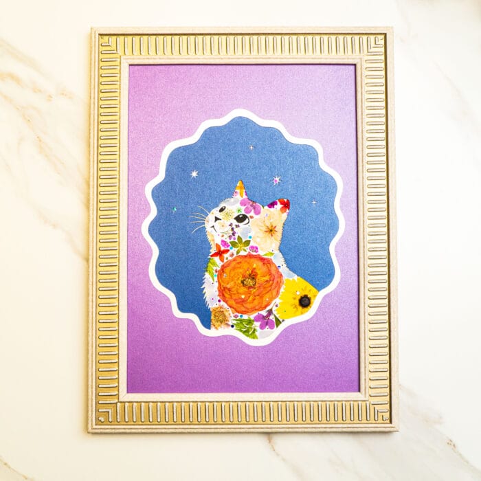 Pressed flower cat collage with vibrant blooms and large orange flower at the center, set on a deep blue background with stars, framed in gold frame.